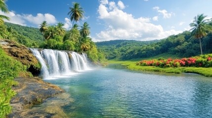 The crystal clear water cascades down layers of lush greenery, creating a picturesque scene framed by vibrant tropical flowers and towering palm trees