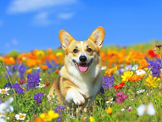 Happy corgi playing in a vibrant flower field during a sunny day in spring