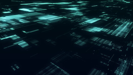 Abstract digital cyberspace with moving particles. Cyber security database. Matrix technology decoder. Futuristic hi-tech background with dots. High speed big data. 3D rendering.