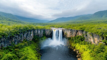 Fototapeta premium The panoramic view captures the mesmerizing beauty of a deep forest waterfall in Thailand