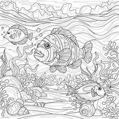 Fish under the sea.Coloring book antistress for children and adults. 