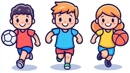 Happy Children Playing Sports Soccer Basketball Active Kids Cartoon Illustration