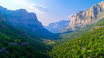 Obraz premium Mountain valley village aerial summer vista.