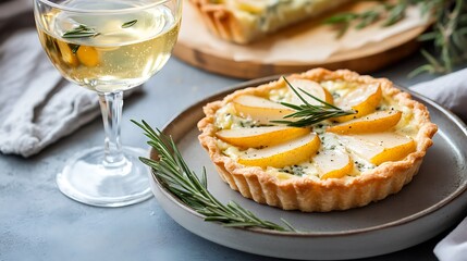 Fresh pear cocktail with a rosemary sprig and a slice of pear and gorgonzola tart