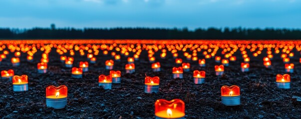 Numerous Heart Shaped Candles Burning Brightly in a Field at Dusk