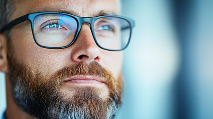 thoughtful man with glasses gazes into distance, reflecting on ideas. His well groomed beard and focused expression convey sense of determination and insight