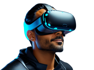 Indian man using a vr virtual reality headset isolated on transparent background