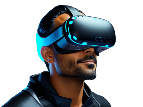 Indian man using a vr virtual reality headset isolated on transparent background