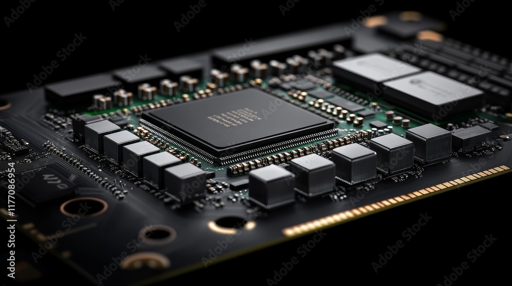 Poster advanced microprocessor technology close-up of a computer chip, abstract digital theme