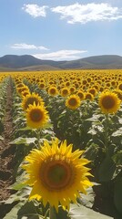 A field of sunflowers in full bloom, their bright yellow petals facing the sun on a warm day