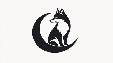 Elegant Black and White Fox Silhouette on Crescent Moon Mystical Animal Design