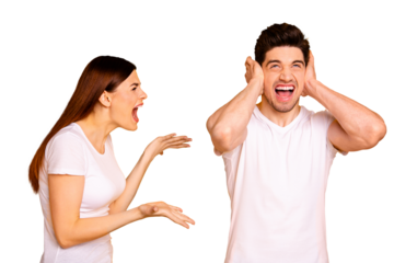 Close up side profile photo two beautiful people she her he him his blame yell fault aggression look up hide ears palms hands arms not listen wear casual white t-shirts isolated yellow background