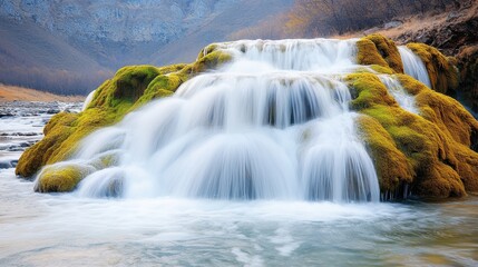 Fototapeta premium The cascading waterfall flows gracefully over moss covered rocks, creating a mesmerizing display of nature's power and beauty.
