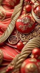 Fototapeta premium Detailed close-up of ornate red and gold decorative elements, perfect for festive themes.