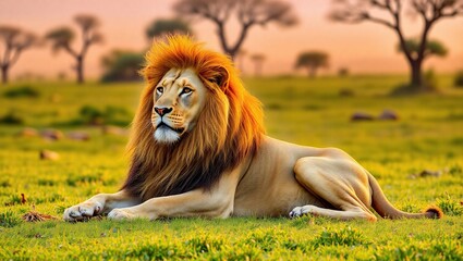 Majestic African Lion Resting in Golden Grassland