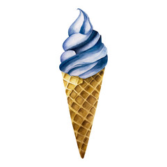 Blueberry soft ice cream in crispy waffle cone. Hand painting sweet watercolor illustration isolated on background. For designers, menu, shop, decoration, restaurant, for postcards, wrapping paper