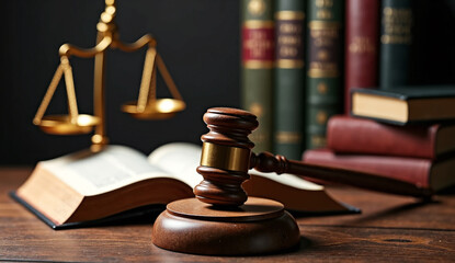A judge's gavel resting on a wooden block in the foreground