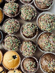 lots of muffins in paper molds chocolate decorated with milk chocolate with colorful sprinkles and berries gluten free. holiday food. sweets. top view