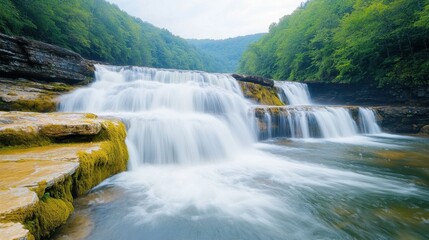 Fototapeta premium The waterfall in the deep forest cascades down a series of moss covered rocks, creating a symphony of splashing water as it plunges into the crystal clear pool below