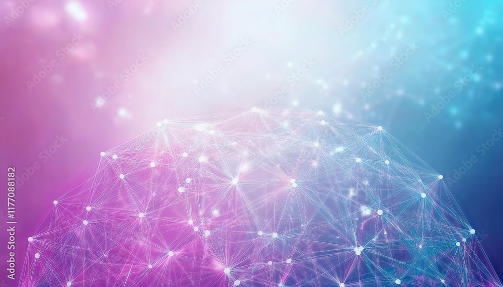 Poster Abstract Digital Network Visualization with Glowing Nodes and Neural Connections in Gradient Blue and Pink Background for AI and Technology Concepts
