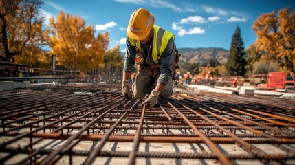 Wide Angle Construction Worker in Yellow Hard Hat and Vest