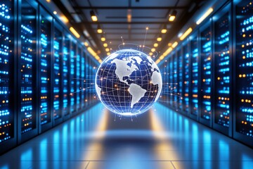 A glowing digital world map floating in a modern, illuminated data center with blue and orange lights, symbolizing global connectivity and technology. Ai generative