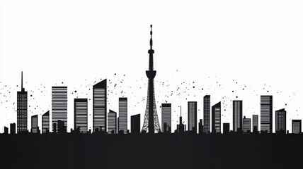 Fototapeta premium Stylish Black and White Cityscape Silhouette with Tower Urban Skyline Modern Architecture