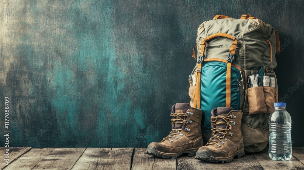 Poster Essential backpacking gear ready for adventure with mock up space for text. Generative AI