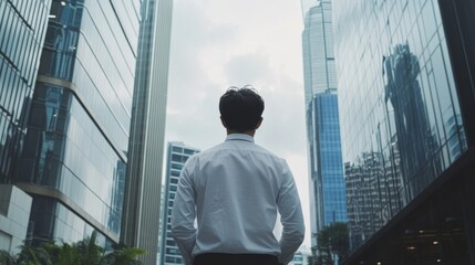 Fototapeta premium Confident businessman looking at modern office buildings with panoramic skyline, reflecting ambition and professional growth in a vibrant urban setting