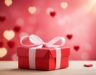 red 3d gift box with ribbon isolated on blurry bokeh background valentine day , wedding anniversary and birthday party celebration concept