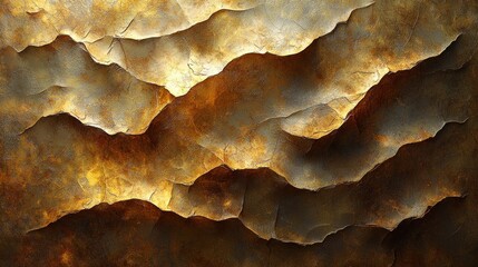 Fototapeta premium Textured golden rock formations with layered, wavy patterns, resembling a mountainous landscape, ideal for backgrounds