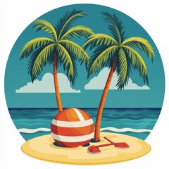 Obraz premium Idyllic Tropical Island Scene Palm Trees Beach Ball and Paddle on a Secluded Shore