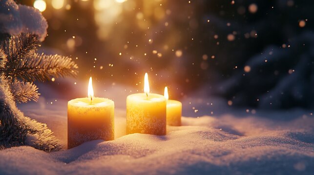 Gorgeous advent candles on snowy but appear defocused