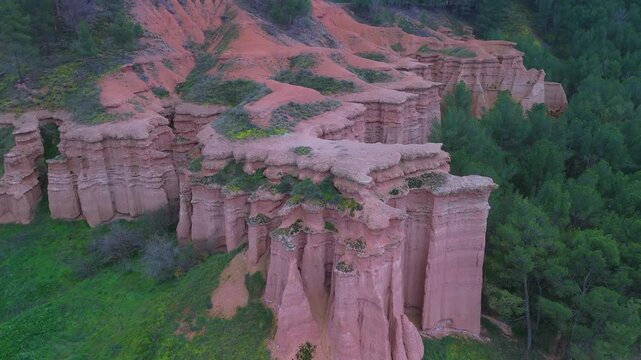 Erosion landscape in Las C&aacute;rcavas in the surroundings of the village of Morata de Jiloca in the Calatayud region. Aerial view from drone. Zaragoza Province. Aragon. Spain. Europe