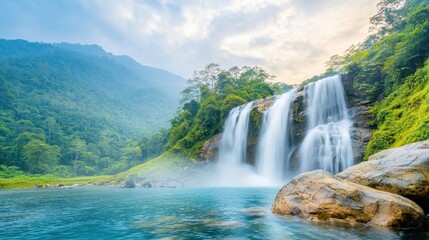 Fototapeta premium The Banyumala waterfall is a stunning twin waterfall located in a tropical rainforest, cascading down a rocky mountain slope into a turquoise blue pond below