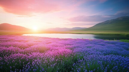 Stunning Summer Landscape with Bright Sea and Lavender Fields