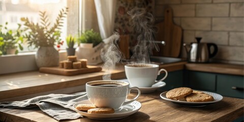 Warm morning coffee and freshly baked cookies on wooden table