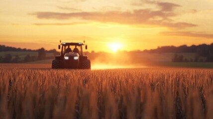 Naklejka premium Golden Hour Tractor in Wheat Field Rural Farming Sunset Scenery