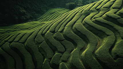 Fototapeta premium aerial view of lush green terraced farming fields with vibrant patterns