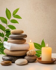 Obraz premium Tranquility and Balance Spa Ritual, Serene Stone Therapy Scene with Smooth Warm Stones and Relaxing Candles Enhancing Calm Ambiance for Mindfulness and Meditation Practices