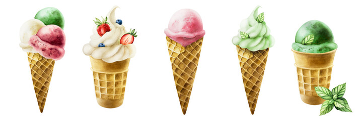 Set of ice creams with strawberry, raspberry, cherry, mint, pistachio, apple, milk, blueberry, vanilla in crispy waffle cones. Hand painting sweet watercolor illustration isolated on background. For