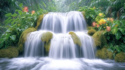 Obraz premium The magnificent waterfall cascades down a series of moss covered rocks, surrounded by lush green foliage and vibrant tropical flowers, creating a mesmerizing display of raw natural beauty.