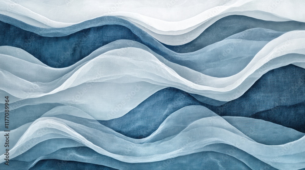 Poster abstract representation of fluid waves in varying heights and curves with a calming blue color palet