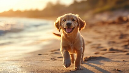 Golden Retriever Puppy Joyfully Running on a Beach at Sunset