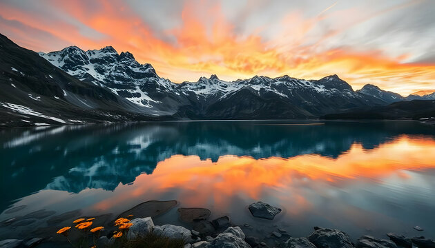 Sunset over the tranquil lake reflecting majestic mountains in a stunning natural landscape