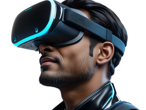 Indian man using a vr virtual reality headset isolated on transparent background