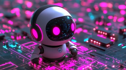 Fototapeta premium Cute Robot Head with Sleek Headset Floating in Futuristic Setting