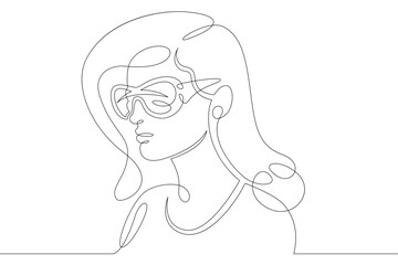 Female character wearing augmented reality glasses. Gaming industry and geolocation. Mobile technology.One continuous drawing line  logo single hand drawn art doodle isolated minimal illustration.