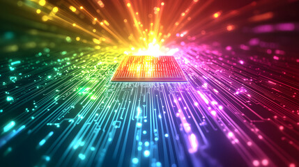 
AI word on microchip and colorful light spread with strong beam , AI concept with copyspace banner background, Generative AI