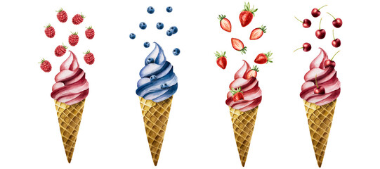 Set of ice creams with flying berries in crispy waffle cone. Raspberry, cherry, strawberry, blueberry. Hand painting sweet watercolor illustration isolated on background. For designers, menu, shop